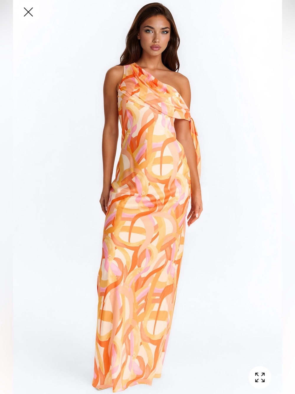 Fashion Nova One-Shoulder Maxi Dress in Orange, Pink & Cream Swirl